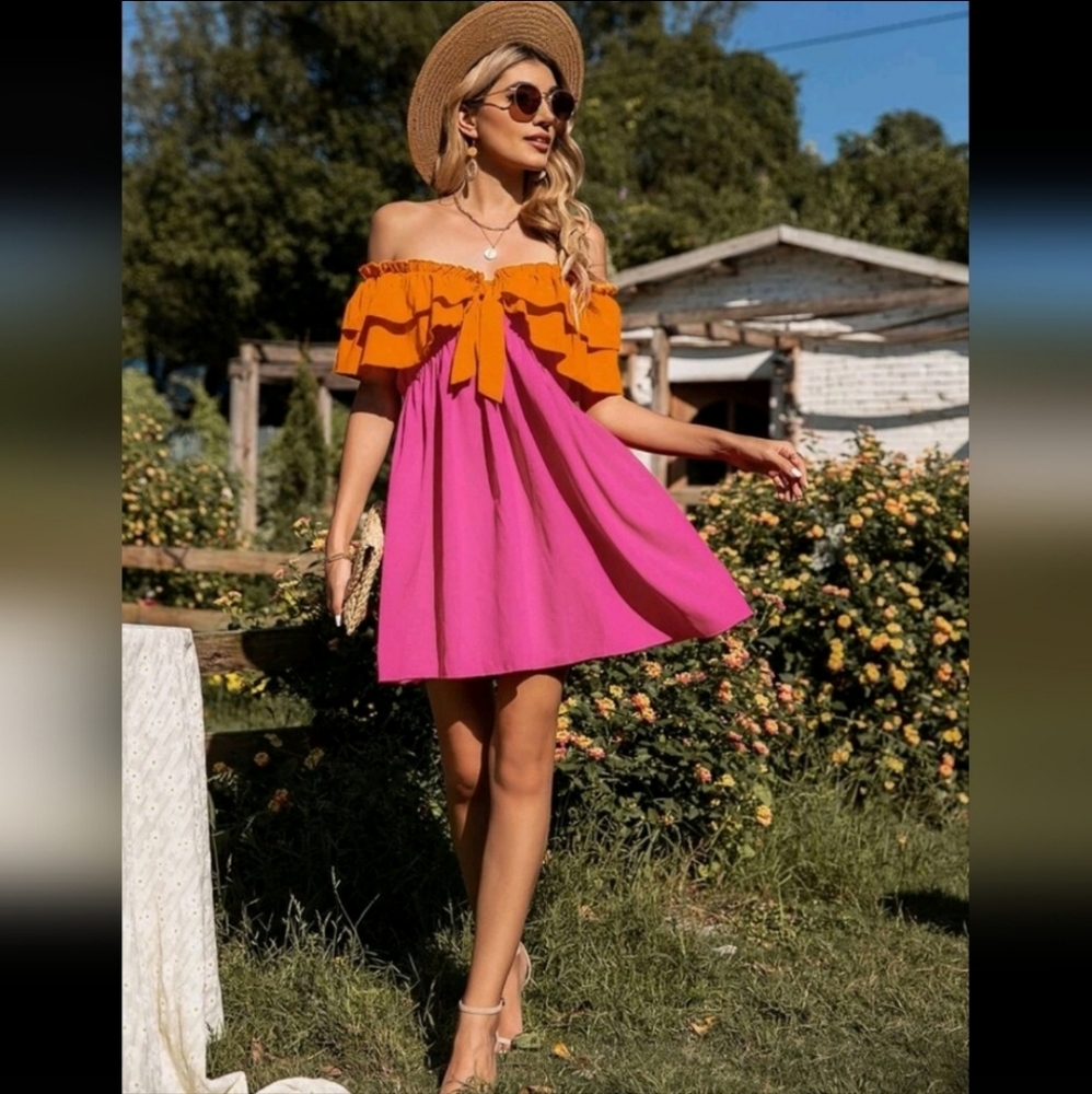 Beautiful off the shoulder Summer Sunsets Ruffle Dress